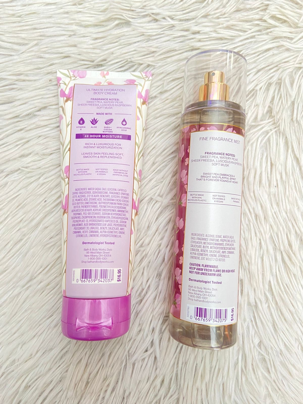 Set Bath & Body Works original, SWEET PEA, morada con flores, crema y colonia.