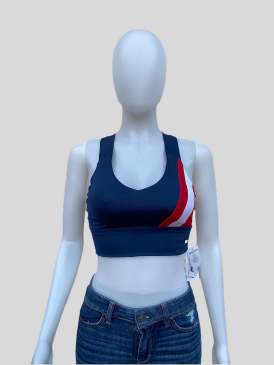 Top/ Bra Tommy Hilfiger original azul marino con logotipo de la marca al lado.