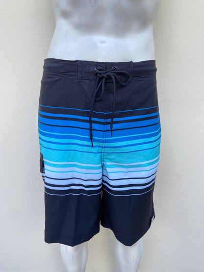 Bañador/Baggy GEORGE original, negro con rayas en tonos diferentes de azul, Aqua, verde y lazos ajustables.