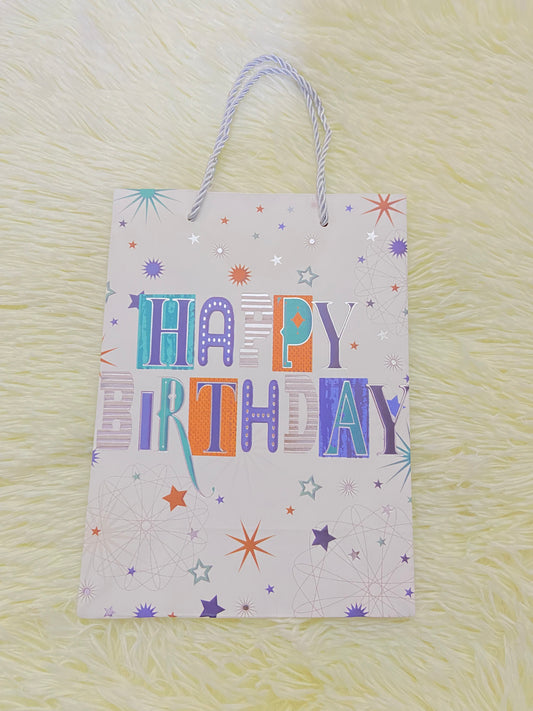 Shopping, blanco con letras HAPPY BIRTHDAY en colores, PEQUEÑO.