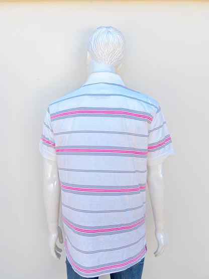 Polocher HARVEST original, en color blanco con estampado de líneas en color gris y rosadas, 35% algodón.
