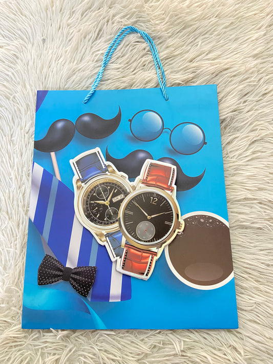 Shopping, azul con estampado de relojes y lentes.