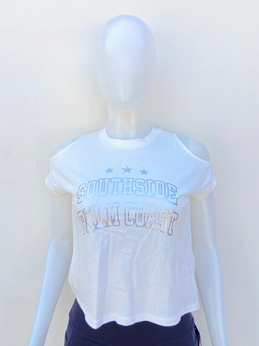 Top ZARA Original en color blanco con pequeñas estrellas y letra SOUTHSIDE PALM COAST en color plateado