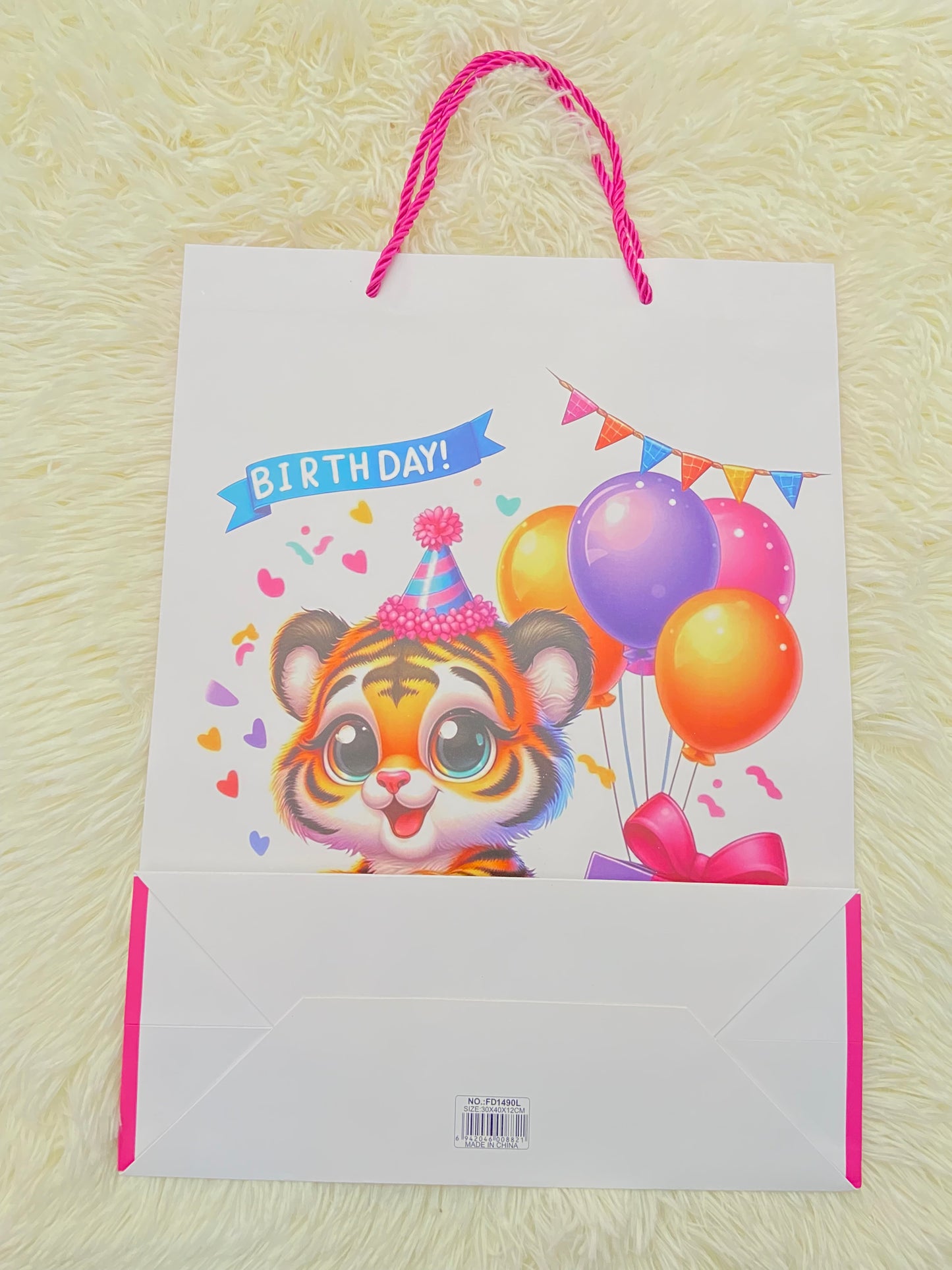 Shopping, blanco con estampado de un gato y globos y letras BIRTHDAY, GRANDE.
