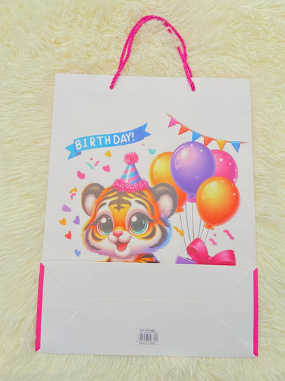 Shopping, blanco con estampado de un gato y globos y letras BIRTHDAY, GRANDE.
