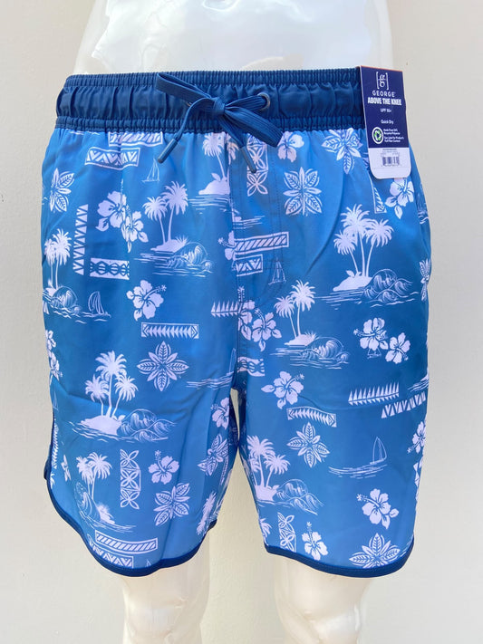 Baggy/bañador, GEORGE original en color azul con estampado de flores blancas, pretina y lazo ajustable en color azul, Protección UPF 50+: Brinda protección contra los rayos UV.