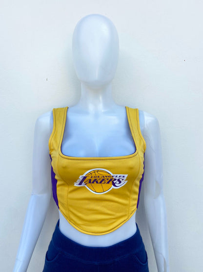 Top NBA original, morado con amarillo y letras LAKERS.