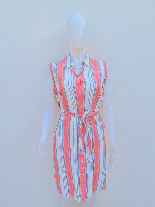 Vestido TOMMY HILFIGER original, blanco con rayas en color naranja y azul, con lazo adicional, estilo camisón, 53 % Lino y 47 % algodón.