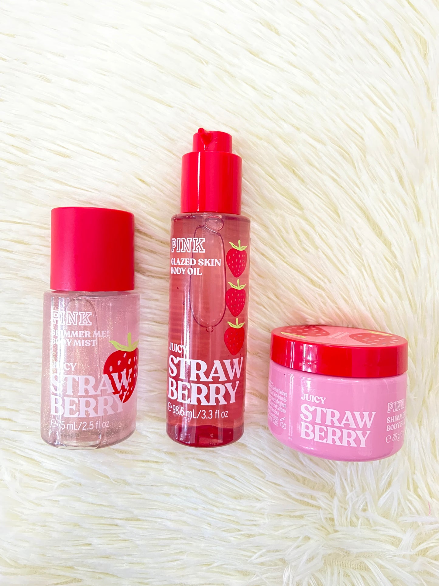 Pack PINK original, de colonia, aceite y crema minis, rojo, JUICY STRAWBERRY, con brillitos. Más el bolso