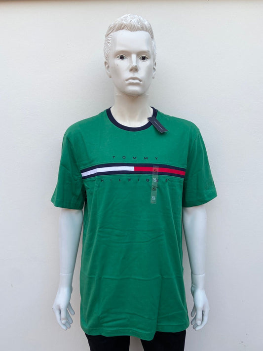 T-shirt Tommy Hilfiger original, verde con logotipo de la marca pequeña en frente y cuello azul marino.