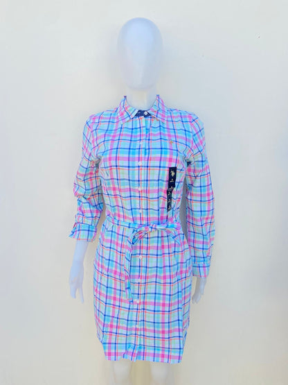 Vestido U.S POLO original azul de cuadritos y lazo ajustable.