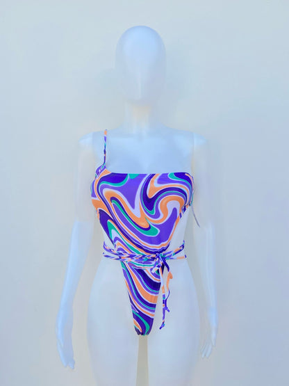 Biquini, de una pieza  FORPLAY original, morado con verde y naranja con lazos ajustables.