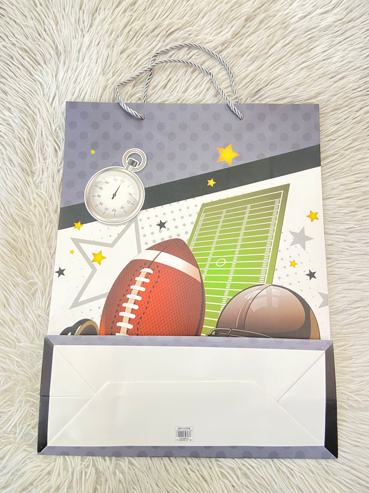 Shopping, gris y blanco, con estampado de futbol americano, GRANDE.