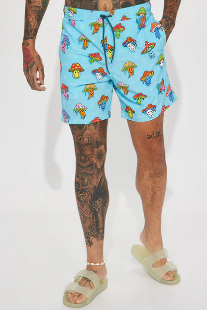 Bañador/Baggy, azul con estampado de hongos de colores.