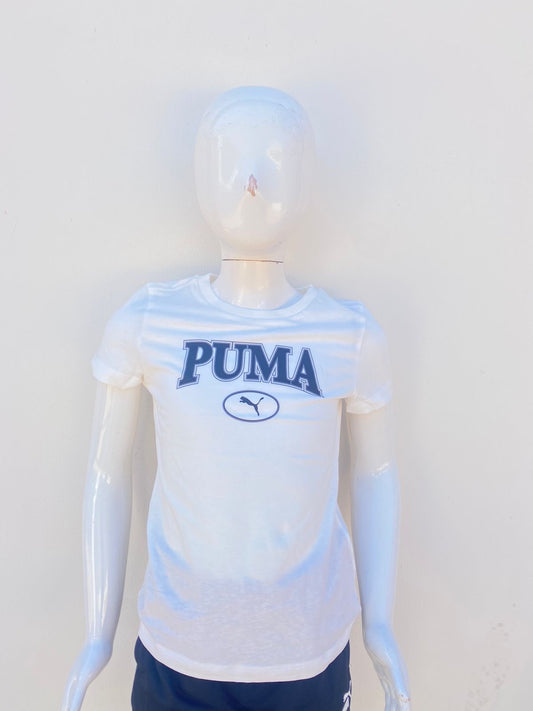 T-shirt Puma original blanco con letras PUMA en negro y un puma en un círculo.