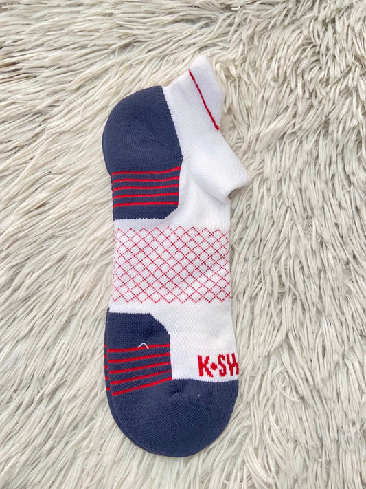Medias K• SWISS original,  blanca con azul marino y rojo.