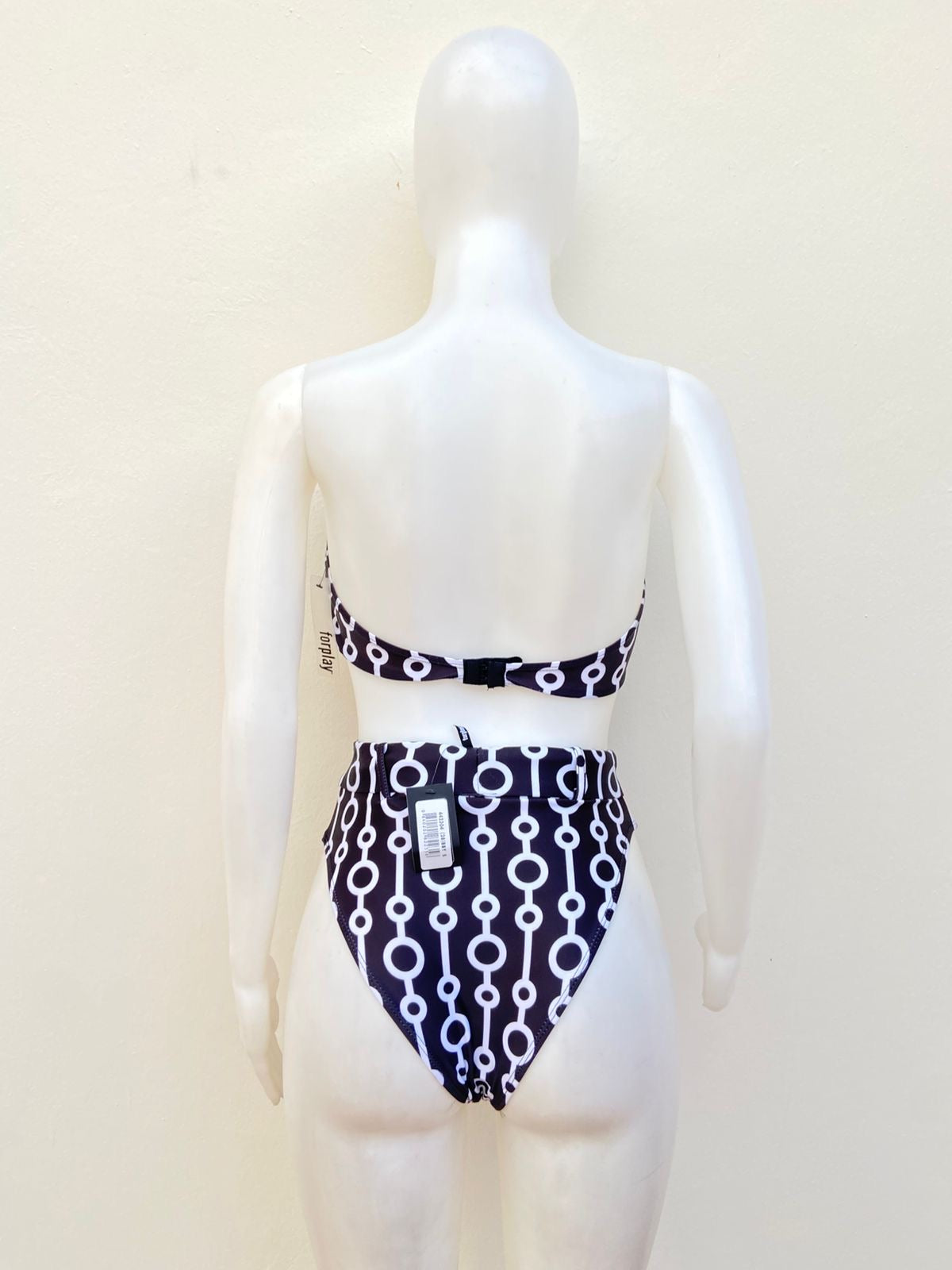 Biquini Forplay original negro con estampado de color blanco, strapless.