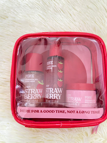 Pack PINK original, de colonia, aceite y crema minis, rojo, JUICY STRAWBERRY, con brillitos. Más el bolso