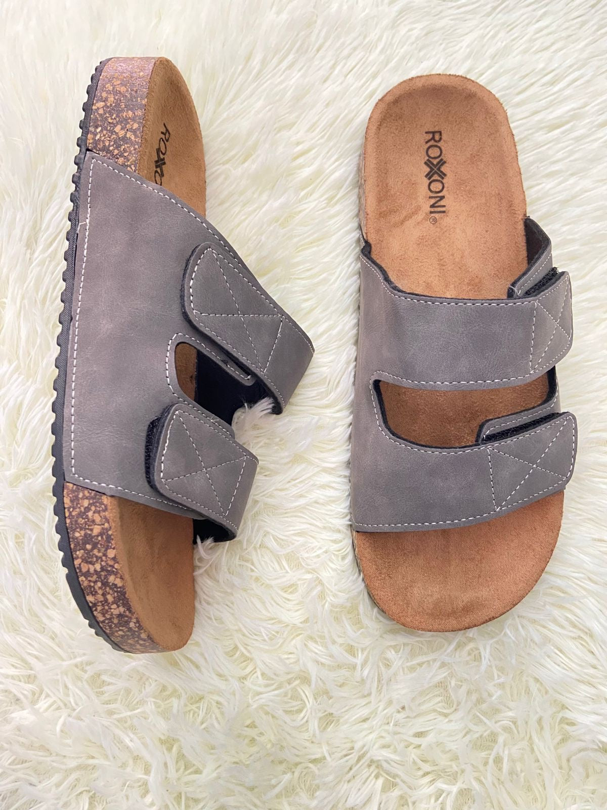 Sandalias ROXONI original, marrón con gris, ajustables, en piel pana. Comodos para caminar
