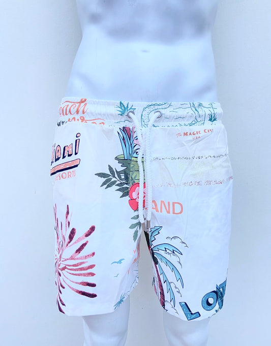Bañador baggy blanco con estampado de palmeras, sol y letras, Miami resorts entre otros.