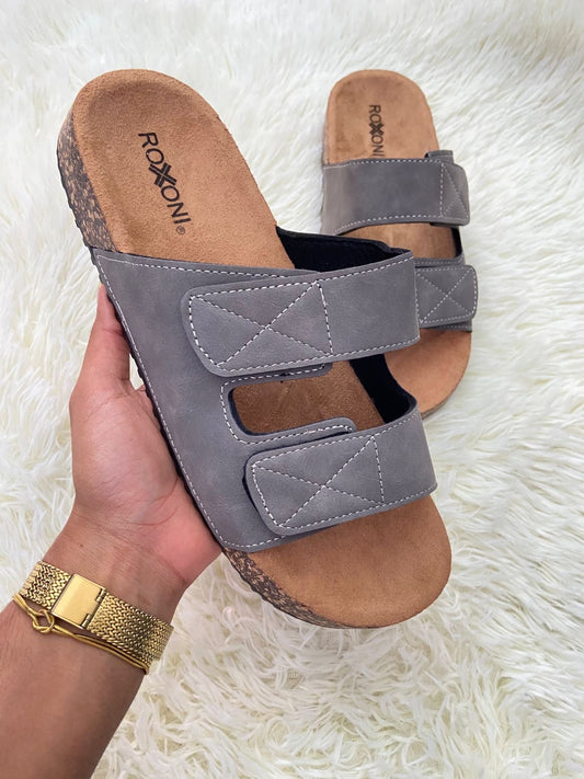 Sandalias ROXONI original, marrón con gris, ajustables, en piel pana. Comodos para caminar