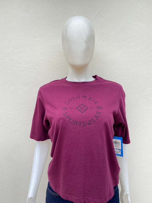 Top mujer 100% algodón Columbia original rojo vino ( morado) con letras de la marca.