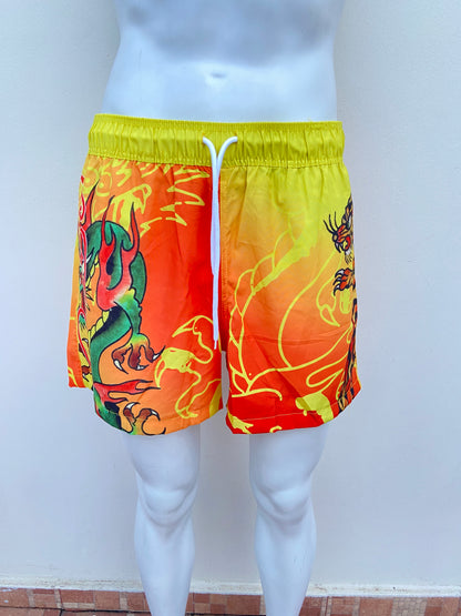 Bañador/Baggy, ED HARDY original amarillo con naranja y estampado de un dragón.