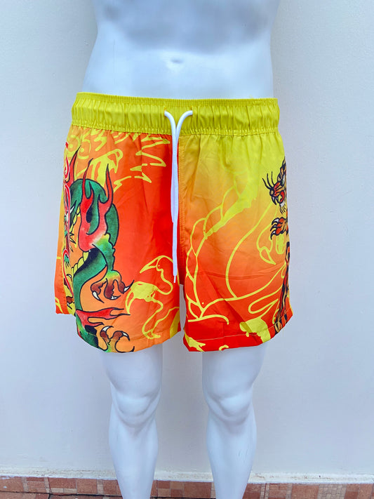 Bañador, ED HARDY original amarillo con naranja y estampado de un dragón.