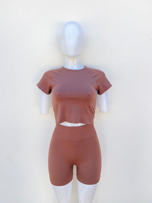 Conjunto, marron ( chocolate), de legging corta y top.