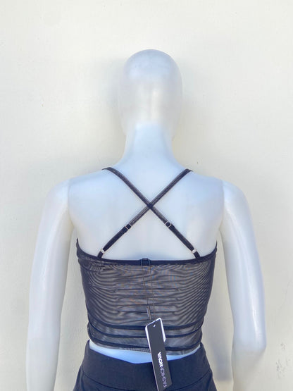 Top, negro con blanco estilo corset y lazos ajustables.