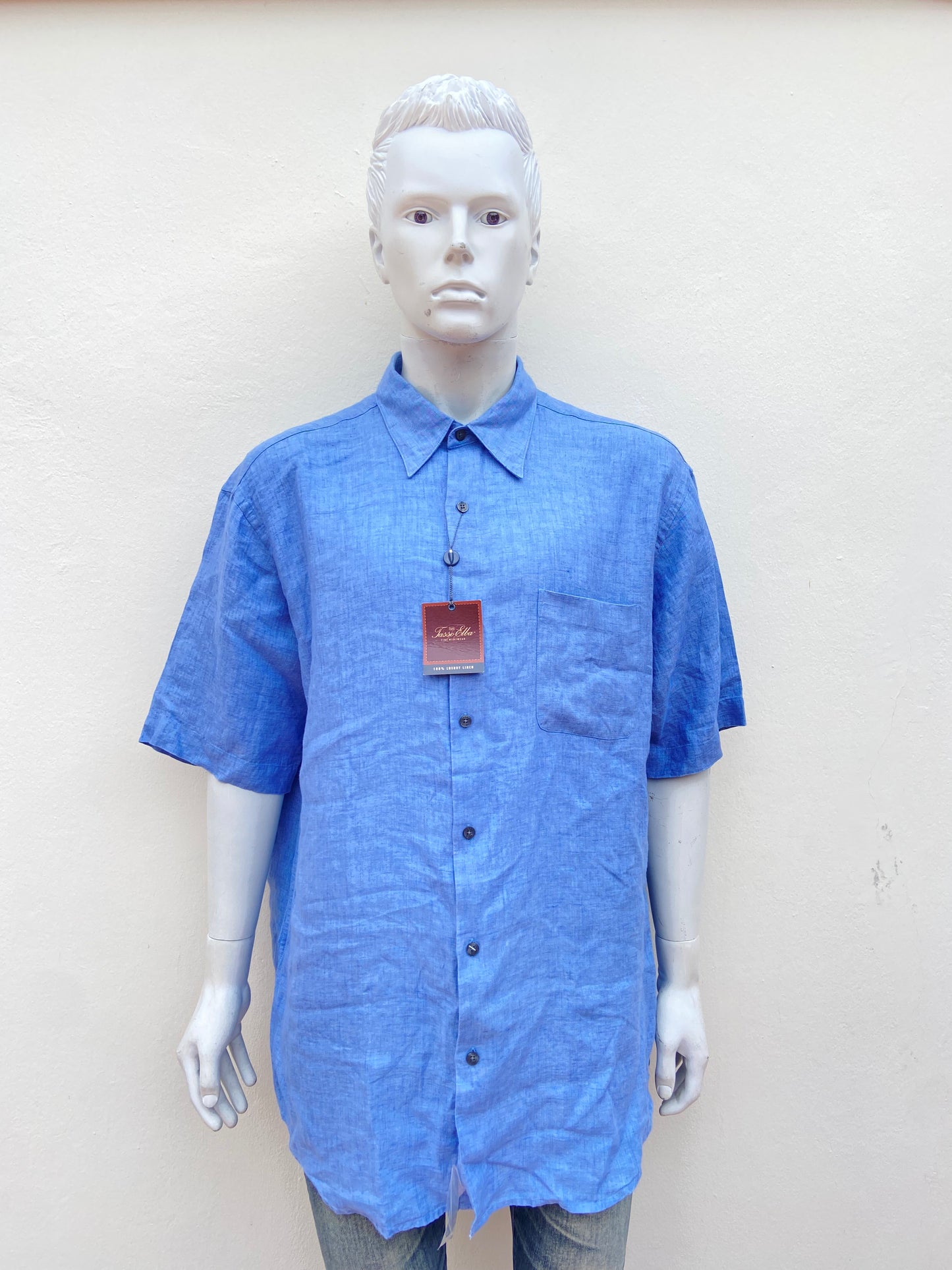 Camisa TASSO ELBA original, 100% lino, azul con bolsillo