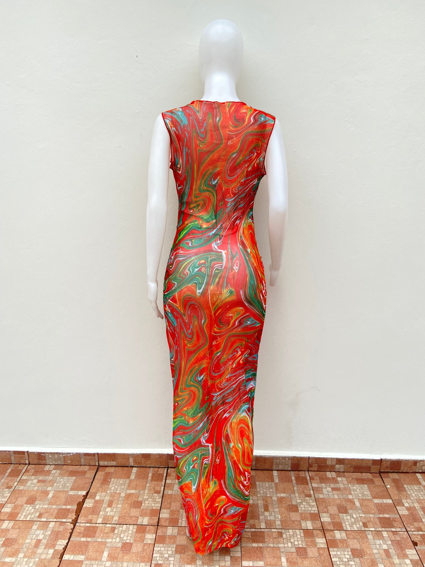 Vestido/ Cover Up, naranja con estampado en color verde y amarillo.