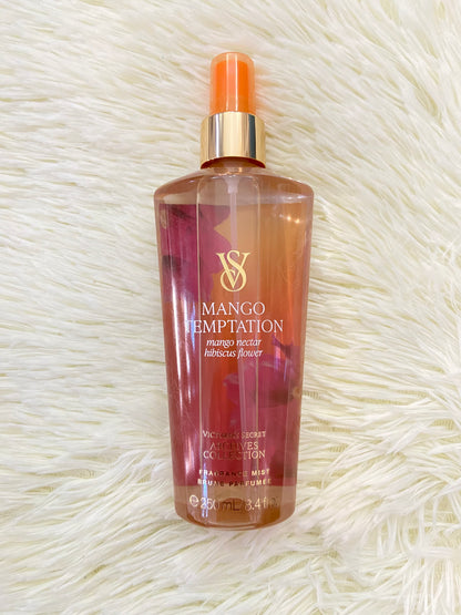 Set Victoria’s Secret original, naranja con crema y colonia, MANGO TEMPTATION, mango nectarino hibiscus FLOWER.