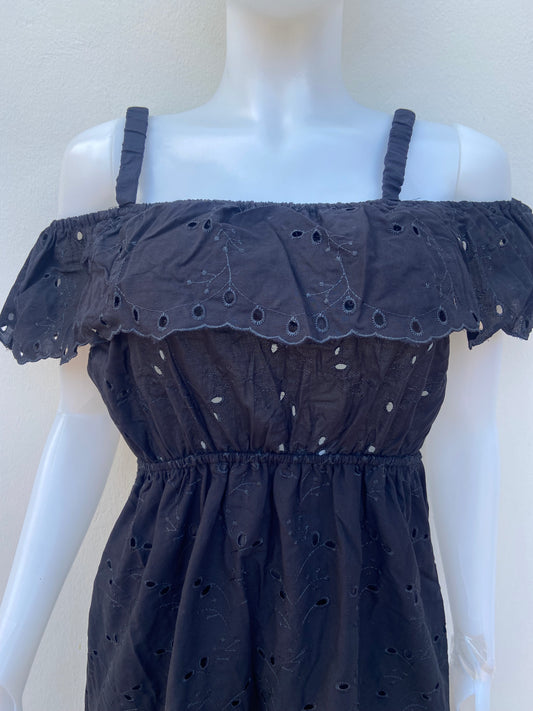 Vestido 100% algodón orgánico HAUTE MONDE original, negro con bordado de flores, agua lluvia.