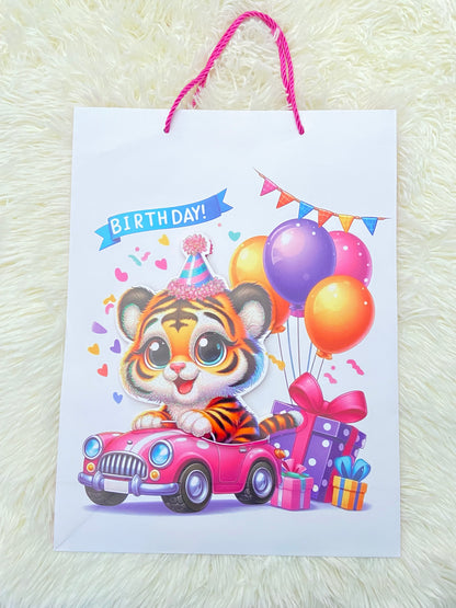 Shopping, blanco con estampado de un gato y globos y letras BIRTHDAY, GRANDE.