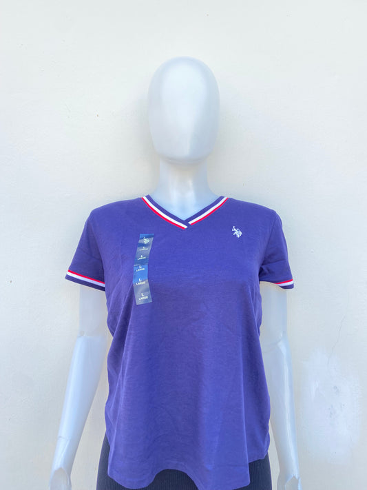 T-shirt U.S POLO ASSN. original en color azul marino con cuello V, logotipo de la marca al frente y banda en color azul marino rojo y blanco en cuello y mangas.