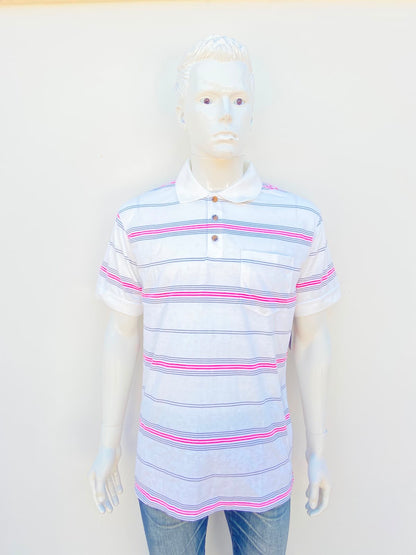 Polocher HARVEST original, en color blanco con estampado de líneas en color gris y rosadas, 35% algodón.