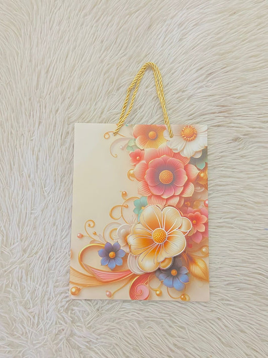 Shopping en color crema con estampado de flores y lazo dorado PEQUEÑO