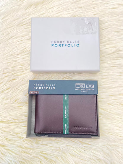 Billetera PERRY ELLIS original, Marron oscuro con varios compartimentos, PREMIUM LEATHER.