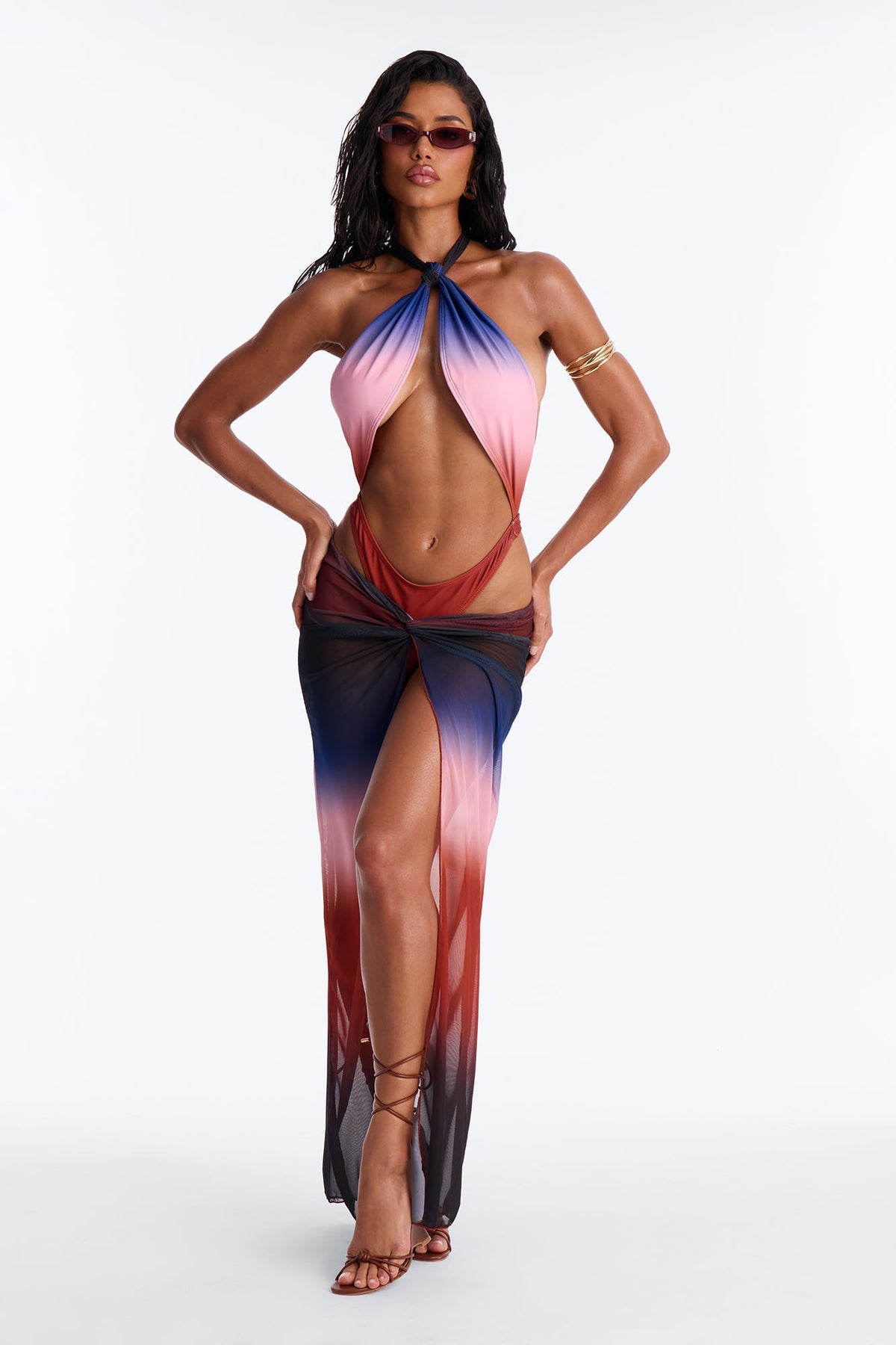 Biquini de 2 piezas en color marrón, rosado y azul, biquini entero con falda cover up