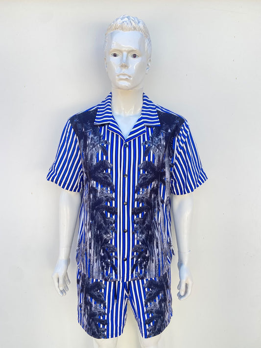 Conjunto, azul con rayas en color blanco y negro y estampado de palmeras, de bañador y camisa.