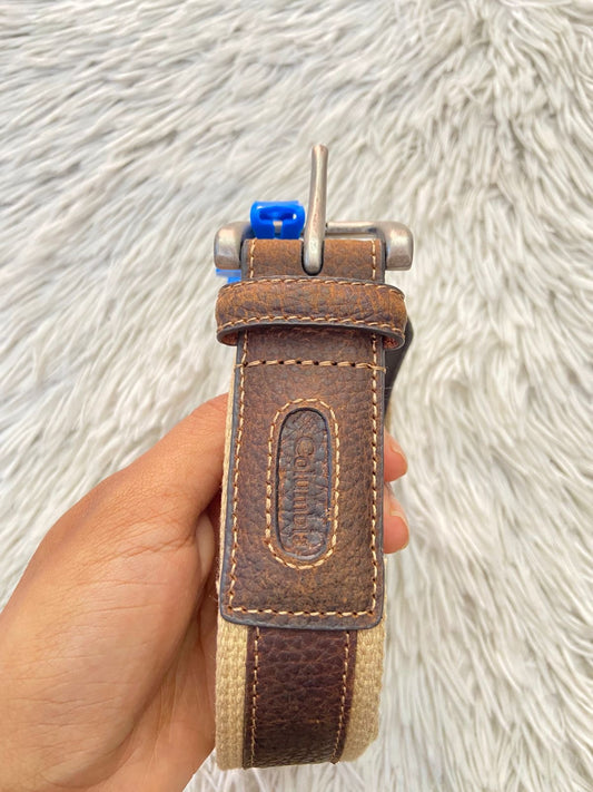 Correa Columbia Original, marrón con crema y costura en hilo khaki, en tela.