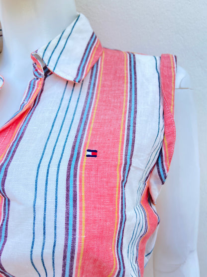 Vestido TOMMY HILFIGER original, blanco con rayas en color naranja y azul, con lazo adicional, estilo camisón, 53 % Lino y 47 % algodón.