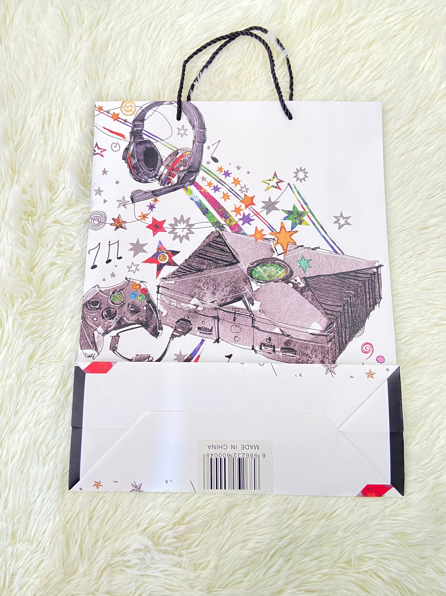 Shopping, blanco con estampado de una caja de música, GRANDE.