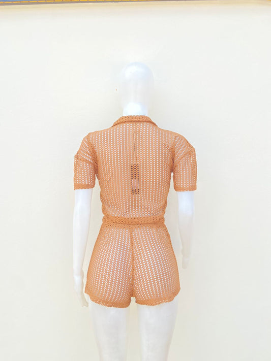 Conjunto/ Cover up, marrón ( mocha ), estilo crochet.