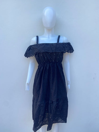 Vestido 100% algodón orgánico HAUTE MONDE original, negro con bordado de flores, agua lluvia.