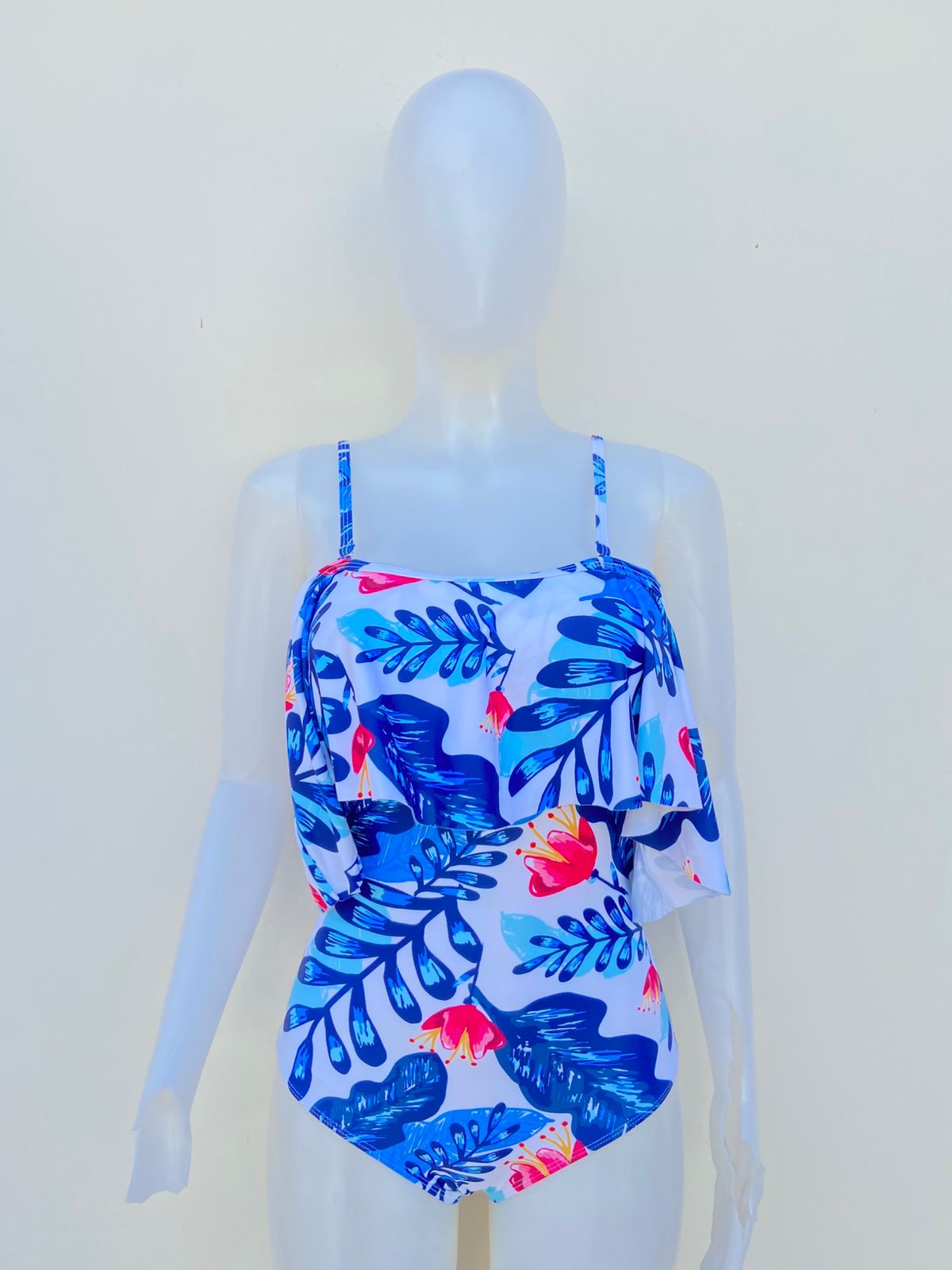 Biquini TEMPT ME original, blanco con estampado de palmeras en color azul.