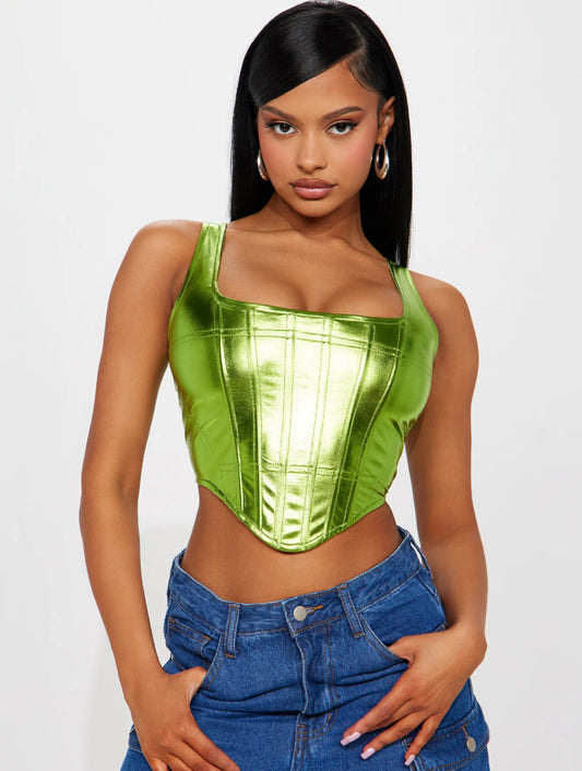 Top Fashion Nova original verde metálico, estilo corset.