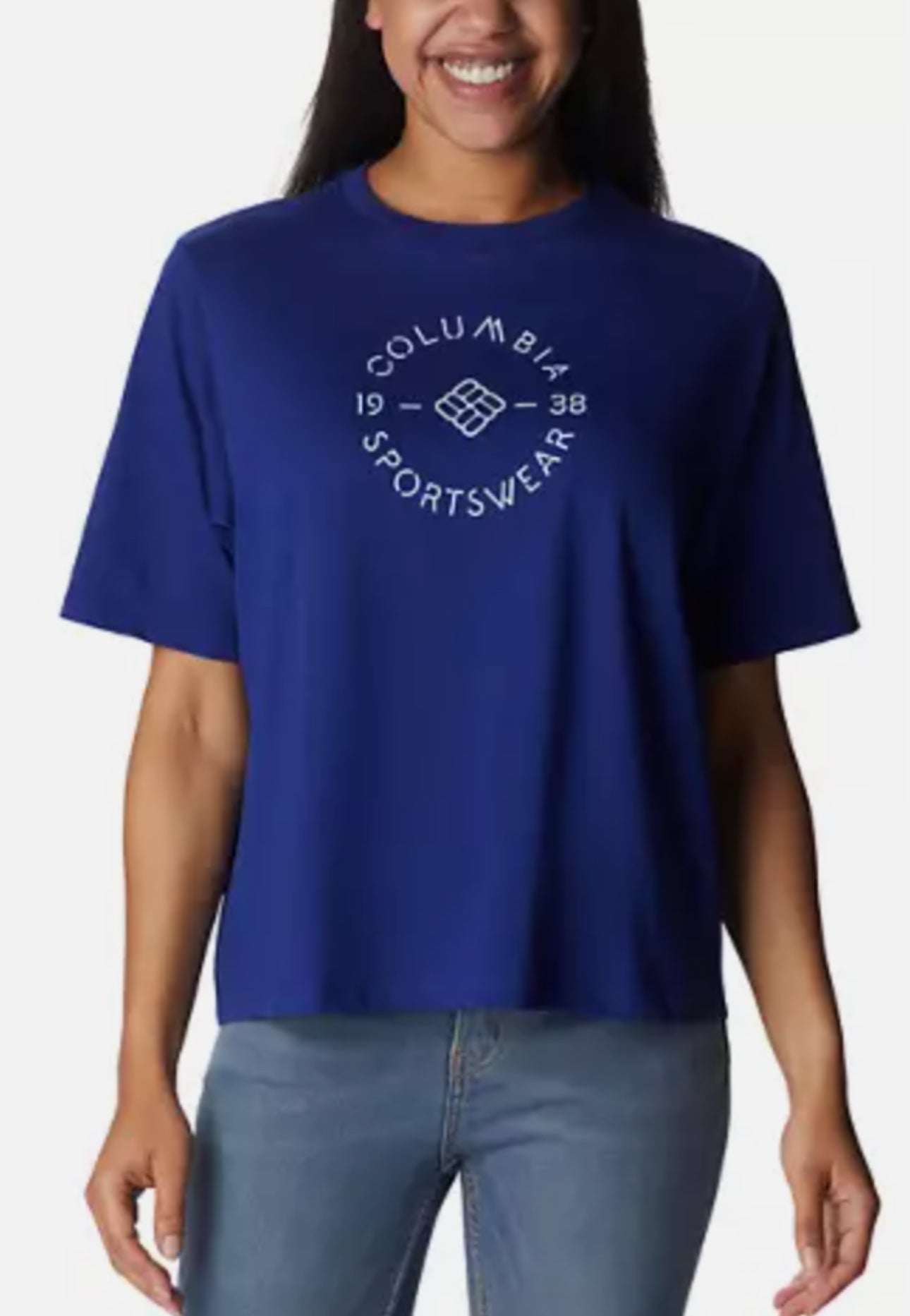 Polocher mujer Columbia original azul oscuro con letras de la marca en frente.