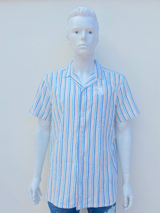 Camisa SONOMA original blanca con rayas azul, naranja y azul marino, lino 30 %.